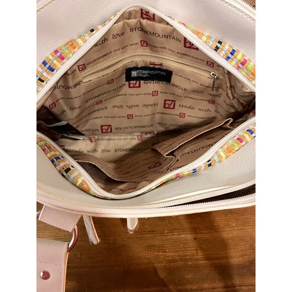 Stone Mountain Multicolor Straw Satchel Bag White Faux Leather Trim - Picture 11 of 16